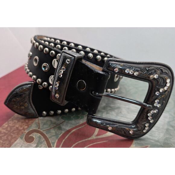 Leather Rock Studded Rhinestone Rocker Belt 1.5” Wide X 34" Black & Chrome - Picture 1 of 11